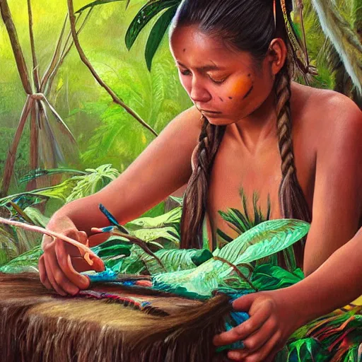 Image similar to a beautiful painting of a young indigenous female crafting a fabric in the jungle, realistic face, ayahuasca, fantasy art style, matte painting, highly detailed