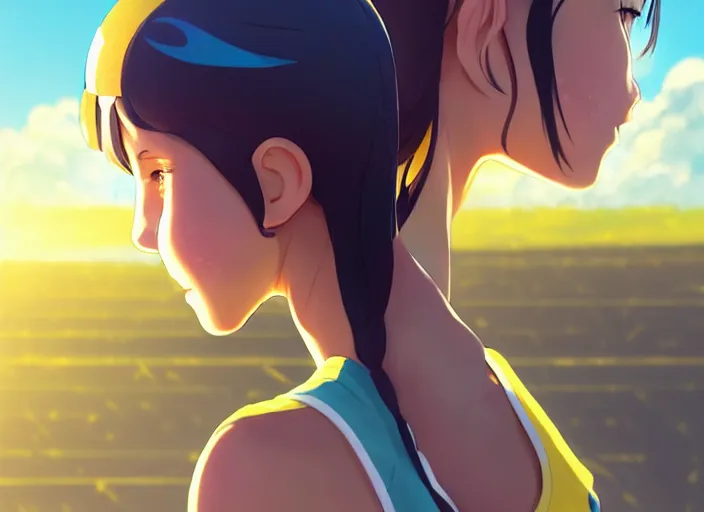 Prompt: side portrait of cute high school girl playing beach volley, sunny sky background stadium landscape illustration concept art anime key visual trending pixiv fanbox by wlop and greg rutkowski and makoto shinkai and studio ghibli and kyoto animation symmetrical facial features sports clothing futuristic yellow nike shirt