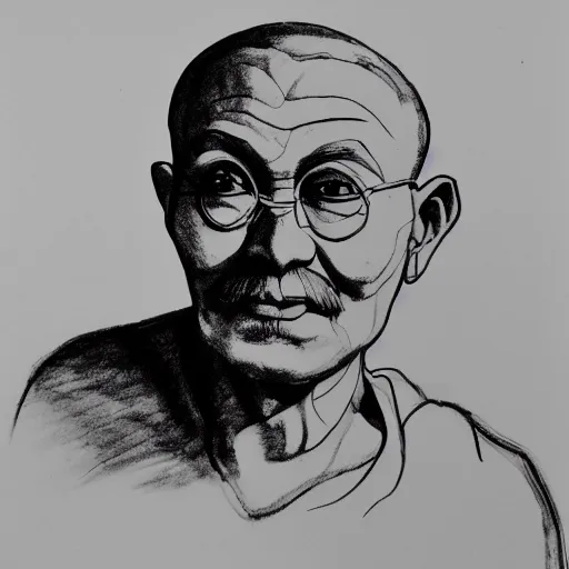 Prompt: continuous single line contour - drawing of ghandi, pen on white paper