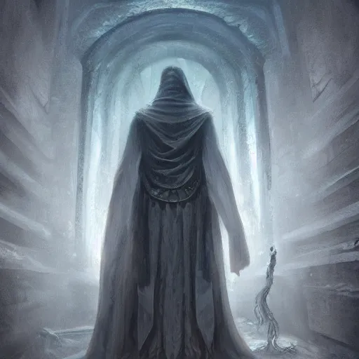 Prompt: Engraved on the wall of necromantic wizards gathered on a gloomy and mysterious island. Beneath his feet rests an ancient god.!dream A patriarchal priest of a long-forgotten Lovecraft god oil painting, digital art, ultradetailed, artstation