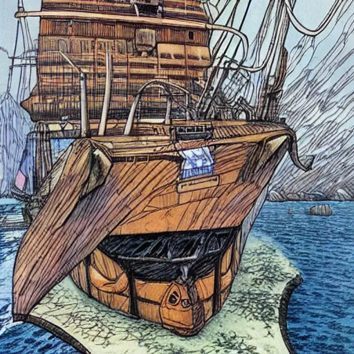 Prompt: A man and his ship, pen and ink, computer coloring :: A manga masterpiece by Mark Crilley in the style of Akira :: oil painting by James Gurney
