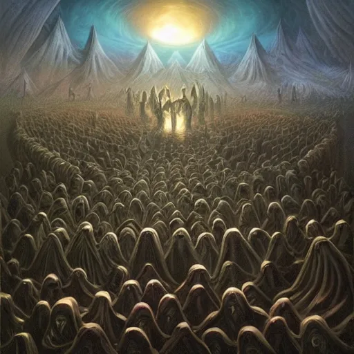 Prompt: a dark cabal of multiple hooded elven mystics in long dark robes gathered in a circular formation around a highly advanced alien computer, dan seagrave art, michael whelan