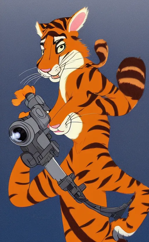 Image similar to “portrait of tiger in the style of the movie zootopia holding a laser gun, with a dark background behind him”