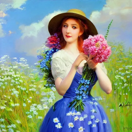 Image similar to a portrait of a romantic woman with flowers grow out of hair, roses peonies forget-me-nots dahlias lupins gladioli, sky theme in background, by Alexandr Averin, Digital Art, Trending on artstation