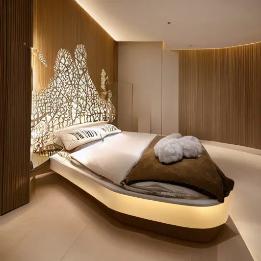 Image similar to a cozy bedroom decorated by zaha hadid, detailed, high resolution, wow!, intricate