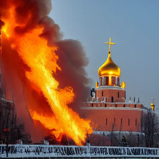 Prompt: high quality photo of fire on Kremlin, highly detailed, 8k, professional
