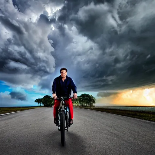 Prompt: 4 k hdr full body wide angle sony portrait of ron desantis riding on top of a flying nuclear missile with moody stormy overcast lighting