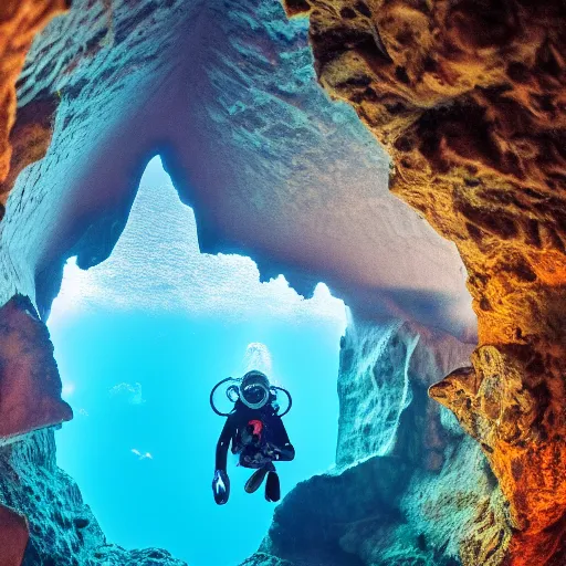 Image similar to diver in a cave underwater, ultra realistic, cosmic, haunted, cave like teeth, bubbles, scary, blues and colorful, cinematic, 4k,