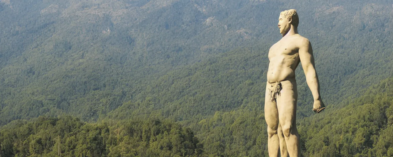 Image similar to A photograph of a large statue of a male athlete his head high and his hands stretched, symbolizing humanity, ambition and determination, photo taken from a large distance so that the full statue is visible overlooking a valley, high resolution image taken with a DSLR camera