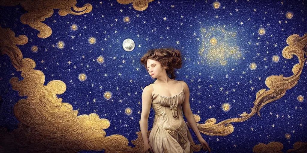 Image similar to sky in a starry night with glowing meteor showers, ascension of a woman decomposing and dissolving into moon, dark - blue black gold beige saturated, ornate baroque rococo art nouveau intricate detail, 3 d specular lighting, cinematic, no blur, no bokeh, no depth of field, uplight