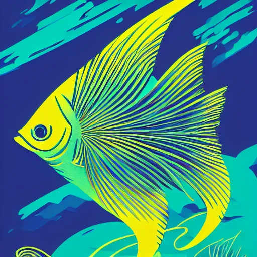 Image similar to a single highly stylized fish in the ocean, viewed in profile, closeup, seaweed, sparkles, artstation, intricate, highly detailed, digital painting, concept art, sharp focus, illustration by tom whalen and charles williams and kilian eng and james jean