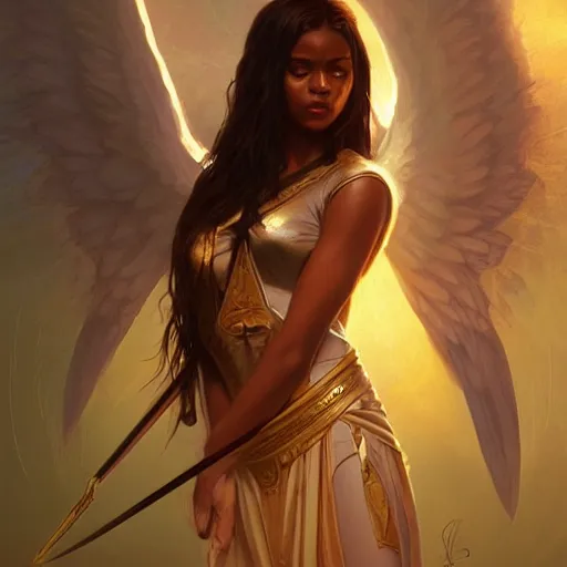 Image similar to a female angel of mercy, brown skinned, sumerian, D&D, highly detailed, digital painting, artstation, concept art, sharp focus, illustration, cinematic lighting, art by artgerm and greg rutkowski and alphonse mucha