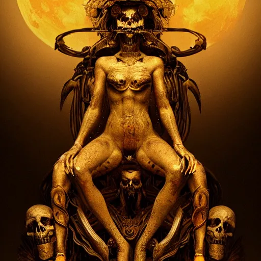 Prompt: dark concept art of a goddess made of gold dust under a red moon, she is sitting on her throne made of human skulls, in the art style of vittorio reggianini, emil melmoth, full body, extremely detailed, 8 k