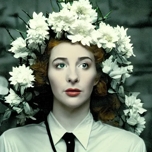 Image similar to movie still of the girl with the flowers head, cinematic composition, cinematic light, by edgar wright and david lynch, surrealist cinema