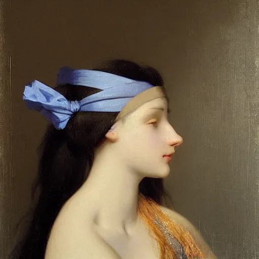 Image similar to a young woman’s face, her hair is silver, she wears a flowing blue satin blindfold, by ivan aivazovsky and pieter claesz and paul delaroche and alma tadema and august malmstrom and and willen claesz heda and aelbert cuyp and gerard ter borch, contrapposto, hyperrealistic, volumetric light, rendered in octane, c4d