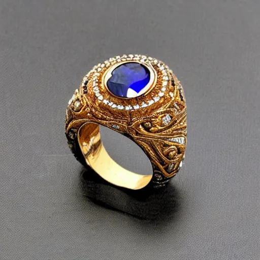 Image similar to a magnificent luxurious design of a female finger ring with a huge sapphire on which intricate patterns with interspersed small diamonds bend with a thin gold thread. hyper - realistic photo. full screen. very clear details.