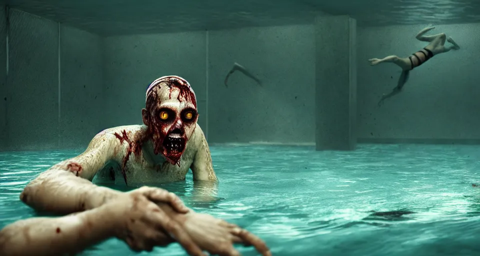 Image similar to highly detailed full body portrait of a zombie swimming underwater in a zombie - apocalypse, in a swimming pool, by stephen bliss, octane render