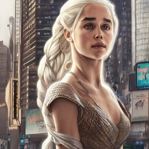 Prompt: full figure ultra realistic illustration, daenerys targaryen in times square, intricate, elegant, highly detailed, digital painting, artstation, concept art, smooth, sharp focus, illustration, art by artgerm and greg rutkowski and alphonse mucha