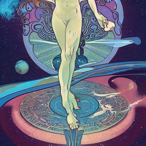 Image similar to a dolphin, astral projection, astral travel, space background, cinematic, detailed, very realistic, by Alphonse Mucha, Moebius, Laurie Greasley