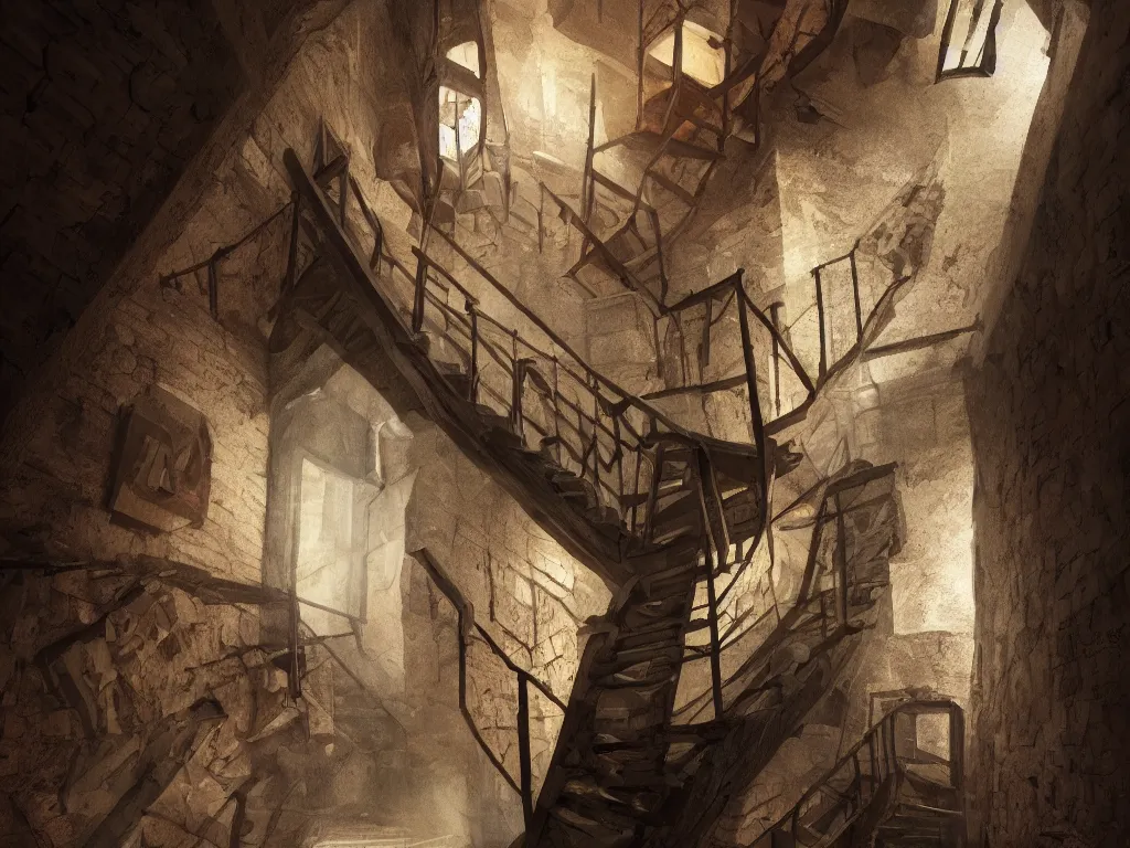 Image similar to look down a cellar staircase, digital painting, concept art, smooth, sharp focus, hyperrealistic, illustration, artstation trending, octane render