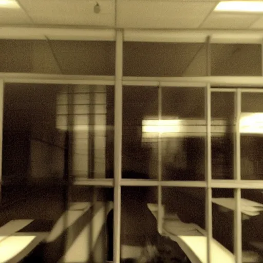 Image similar to insane nightmare, no light, everything is blurred, creepy shadows, giant office , very poor quality of photography, 2 mpx quality, grainy picture