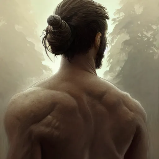 Image similar to back portrait of a rugged ranger, full body, hairy torso, hair bun, D&D, fantasy, intricate, elegant, highly detailed, digital painting, artstation, concept art, matte, sharp focus, illustration, art by Artgerm and Greg Rutkowski and Alphonse Mucha