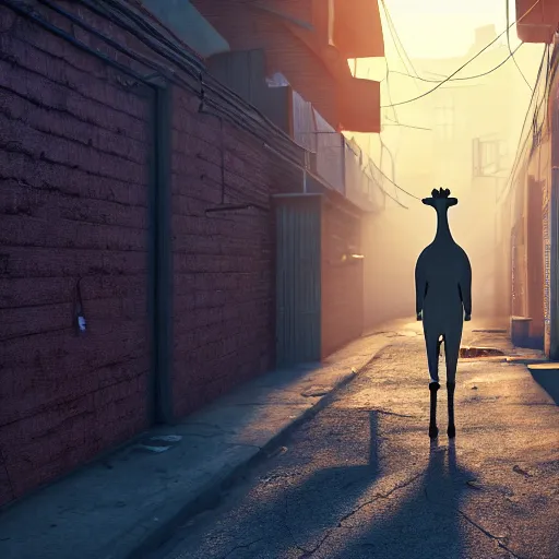 Image similar to a giraffe wearing street clothes, injecting itself with heroin in a back alley, evening light, 4k, unreal engine, artstation, incredible detail