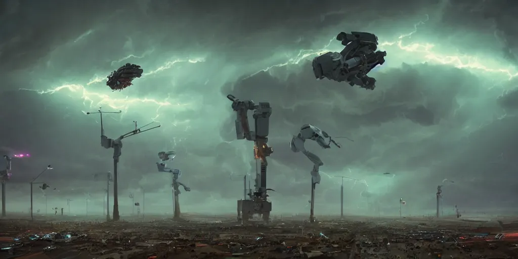 Image similar to hundreds of robots fly around tornado dramatic lighting, cinematic, establishing shot, extremely high detail, photorealistic, cinematic lighting, artstation, by simon stalenhag