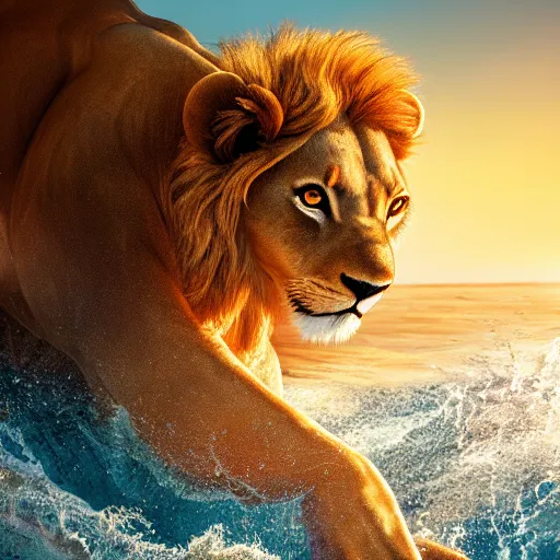 Prompt: a photorealistic photograph of the lion simba emerging from the ocean like a dolphin would. bright scene. fine detail. this 4 k hd image is trending on artstation, featured on behance, well - rendered, extra crisp, features intricate detail, epic composition and the style of unreal engine.