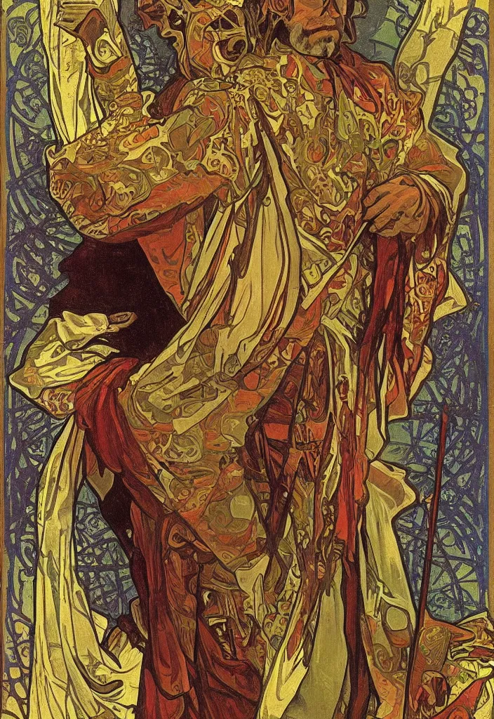 Image similar to Jürgen Schmidhuber as the Devil on a tarot card, tarot major arcana in art style by Alphonse Mucha