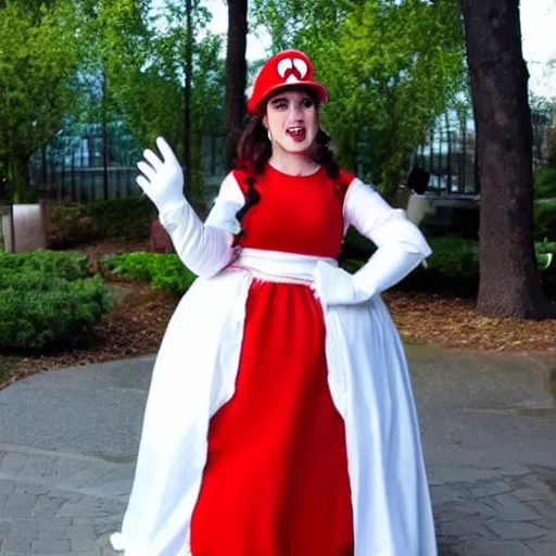 Image similar to a woman cosplaying nintendo mario in an opera gown