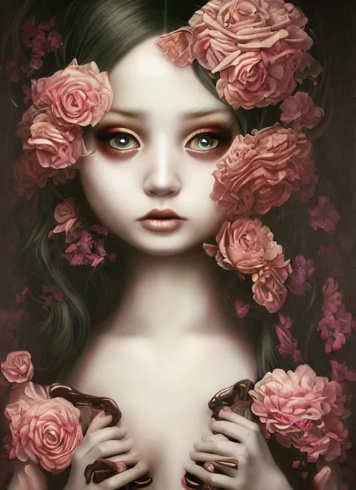 Image similar to pop surrealism, lowbrow art, realistic seductive cute woman painting, long black hair, japanese shibari with flowers, hyper realism, muted colours, rococo, natalie shau, loreta lux, tom bagshaw, mark ryden, trevor brown style,