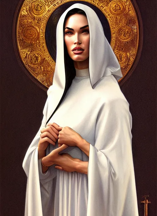 Image similar to portrait of megan fox as a sultry nun, catholic, church, bible, christian, intricate, headshot, highly detailed, digital painting, artstation, concept art, sharp focus, cinematic lighting, illustration, art by artgerm and greg rutkowski, alphonse mucha, cgsociety