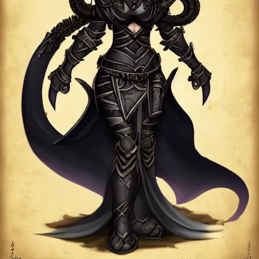 Image similar to portraif of a beautiful female tiefling from dungeons and dragons wearing armor, black long hair, intricate details,