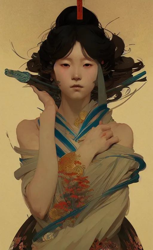 Image similar to personification of japan, highly detailed, digital painting, artstation, concept art, sharp focus, illustration, art by greg rutkowski and alphonse mucha