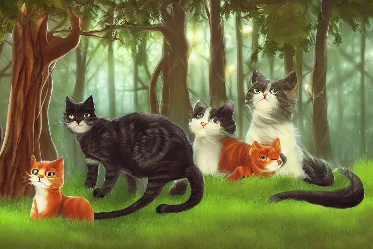 Prompt: cats in the forest, backlighting, digital art, trending on artstation, fanart, by wayne mclouglin, by kawacy