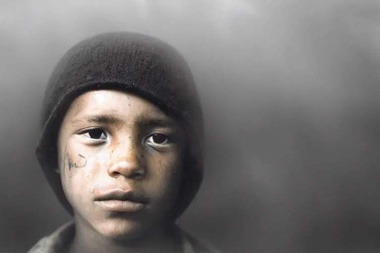 Prompt: a cinematic!! headshot photograph!! of a beautiful homeless war child veteran with closed eyes, stood in a tunnel, sunny day with fog, film still, cinematic, dramatic lighting, by bill henson