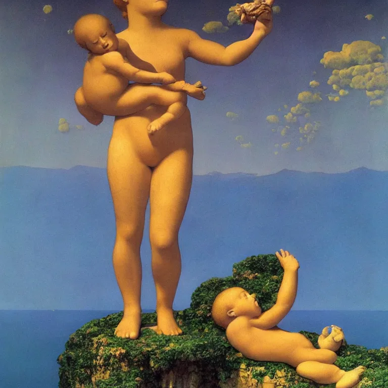 Prompt: A Monumental Public Sculpture of a 'Giant Baby made of Coral Staring upward' on a pedestal by the lake, surreal oil painting by Maxfield Parrish and Max Ernst shocking detail hyperrealistic!! Cinematic lighting