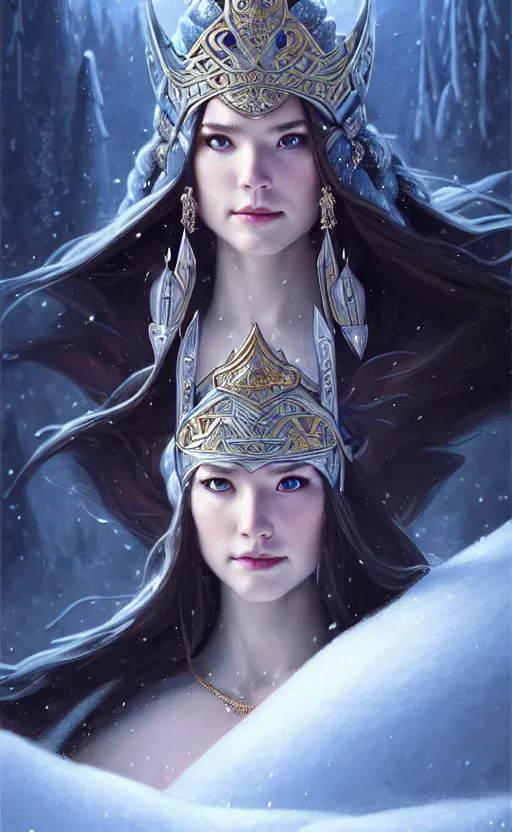 Prompt: sapphire viking warrior, regal, elegant, winter, snow, beautiful, stunning, hd, illustration, epic, d & d, fantasy, intricate, elegant, highly detailed, wide angle, digital painting, artstation, concept art, smooth, sharp focus, illustration, wallpaper, art by artgerm and greg rutkowski and alphonse mucha and jin xiaodi