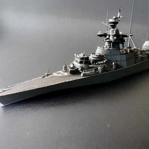 Prompt: close photo of the scale model kit of ww2 japanese battleship kongou, realistic photo