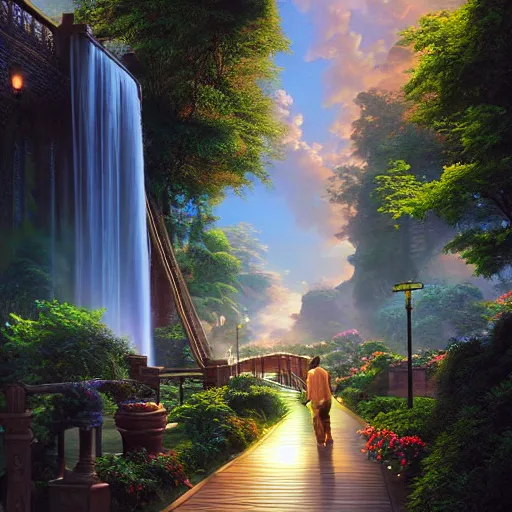 Image similar to walkway waterfall skies rich hyper realism 8 k octane render sacred by evgeny lushpin, moebius, john stephens, rhads, arthur adams