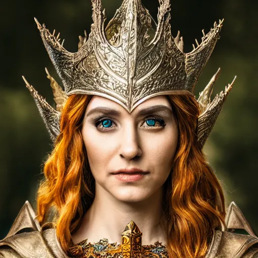 Prompt: photo of a beautiful elven queen queen with ornate crown and cloak, telephoto lens, incredibly detailed, 8k, HDR, studio