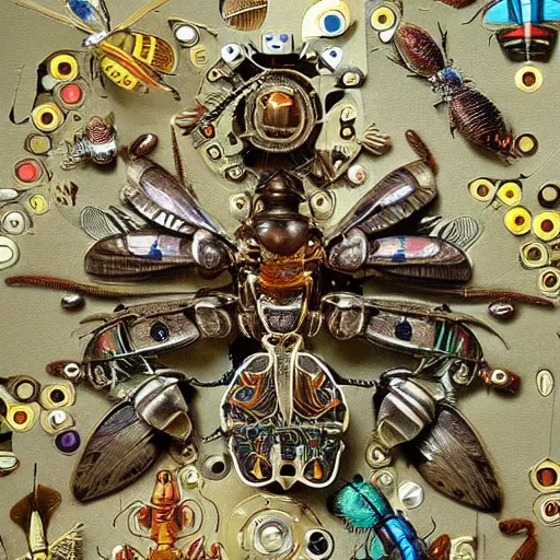 Prompt: complex intricate moving mechanism made of insects and bugs and beetles, diy symmetric electromechanical machine, hyperdetailed maximalism