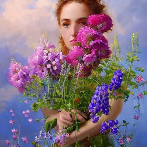 Image similar to a portrait of a romantic woman with flowers grow out of hair, roses peonies forget-me-nots dahlias lupins gladioli, sky theme in background, by Alexandr Averin, Digital Art, Trending on artstation