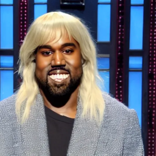 kanye west wearing a blond wig snl monologue Stable Diffusion