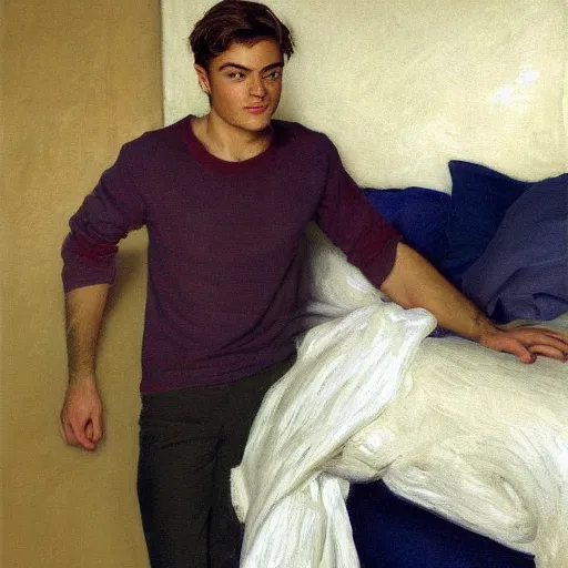 Image similar to Harold knight painting of zach efron posing in a studio wrapped in bed sheets,