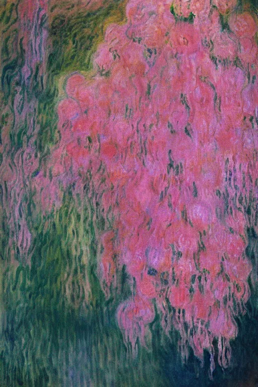 Image similar to a cluster of pink dripping clematis liquefying dripping with pink paint by claude monet by salvador dali, oil on canvas