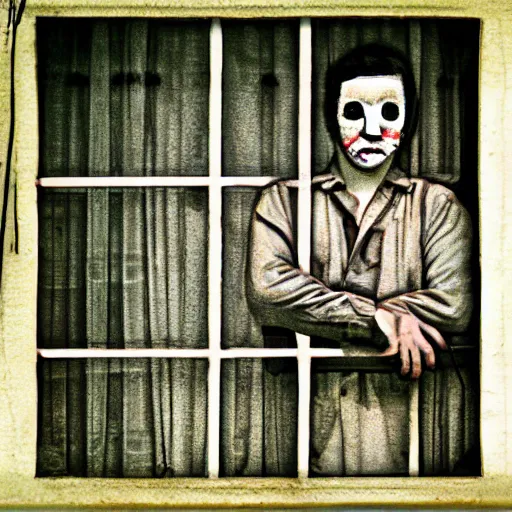 Image similar to the man in the window won’t stop staring, large eyes, wide grin, digital art, horror frightening