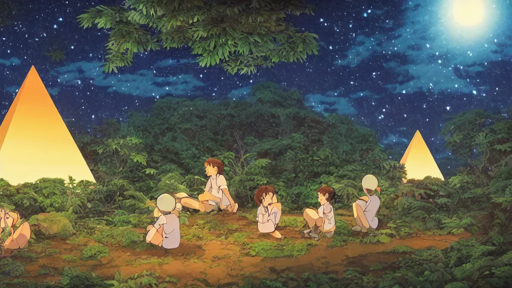 Prompt: a movie still from a studio ghibli film showing a glowing pyramid in the rainforest. a group of giant aliens meditate outside on a misty and starry night. by studio ghibli