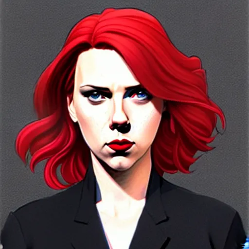 Image similar to phil noto, pretty scarlett johansson black widow, symmetrical eyes, long red hair, full body, city rooftop